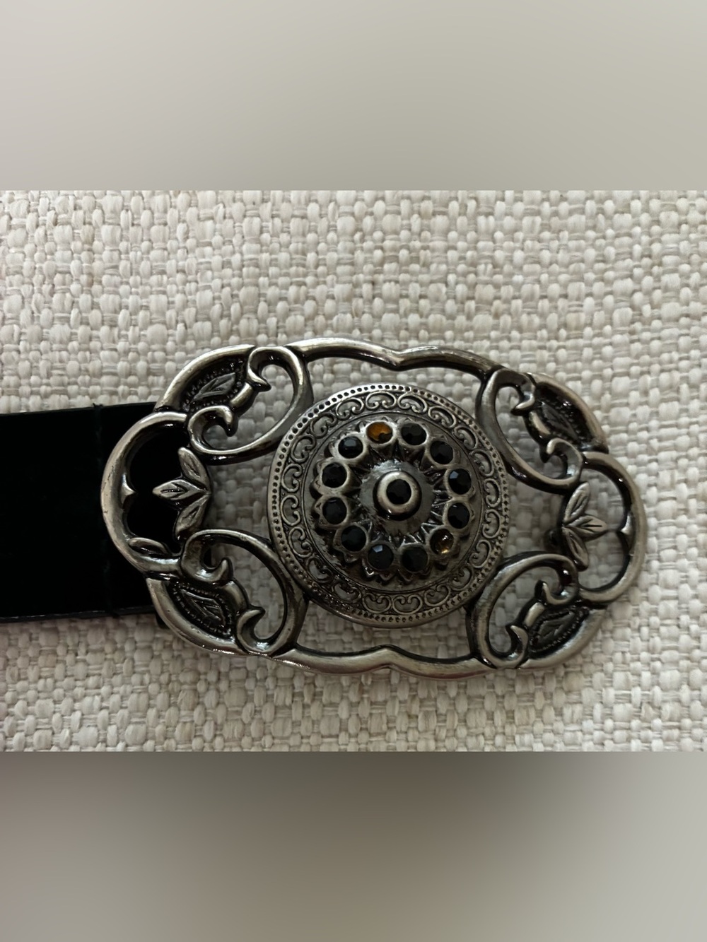 Vintage EUC Leather Large Black Belt Silver Buckle W/Black Rhinestones
